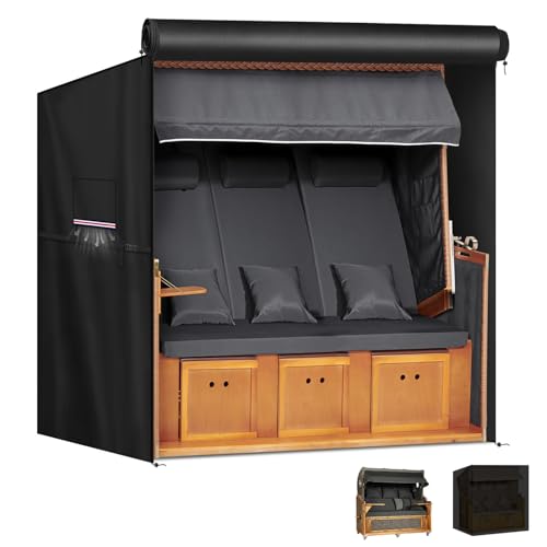 LAMUNI Strandkorb Abdeckplane Winterfest Strandkorb Hülle XXL Schutzhülle für Strandkorb 3-Sitzer Wasserdicht Abdeckhauben für Strandkörbe 420D Oxford Strandkorbabdeckung, 165x100x165/145cm von LAMUNI