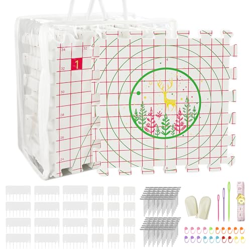 Spannmatten Premium Set – 9 Extra Dicke Blockierbretter mit Gittern mit 24 Knitting Blockers, 200 T-Nadeln, 20 Maschenmarkierern, 3 Kunststoffnadeln und Maßband für Stricken Häkeln Handarbeiten Lace von LAMXD