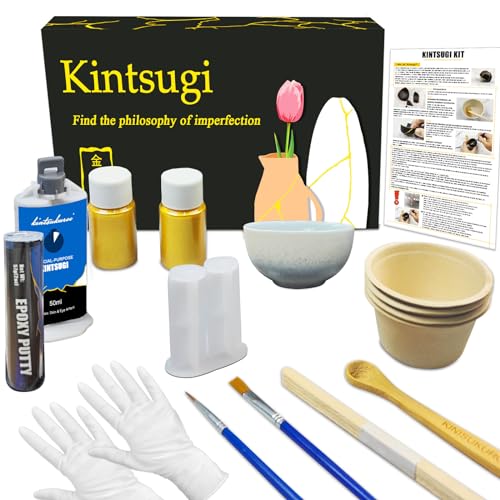 LAMXIN Kintsugi set Gold, Kintsugi Reparieren Sie Ihre Cherish Keramik mit Goldpulver Kleber, Reparaturset für Anfänger, Kunst Geschenkset, mit Übungsbecher von LAMXIN