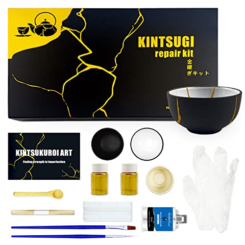 LAMXIN Kintsugi Set Gold, Kintsugi Reparieren Sie Ihre Cherish Keramik mit Gold Pulverkleber,Starter Reparatur Keramik Reparatur Set Perfekt für Anfänger, mit zwei Übungsbecher von LAMXIN