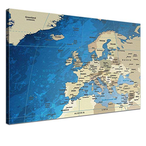 LANA KK – Europakarte Leinwandbild mit Korkrückwand zum pinnen der Reiseziele „Europakarte Blue Ocean” - englisch - Kunstdruck-Pinnwand Globus in blau, in 120x80cm von LANA KK
