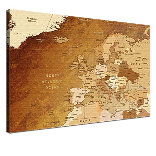 LANA KK – Europakarte Leinwandbild mit Korkrückwand zum pinnen der Reiseziele „Europakarte Braun Colorful” - englisch - Kunstdruck-Pinnwand Globus in braun, in 100x70cm von LANA KK