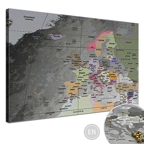 LANA KK – Europakarte Leinwandbild mit Korkrückwand zum pinnen der Reiseziele „Europakarte Edelgrau” - englisch - Kunstdruck-Pinnwand Globus in grau, in 100x70cm von LANA KK