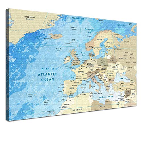 LANA KK – Europakarte Leinwandbild mit Korkrückwand zum pinnen der Reiseziele „Europakarte Frozen” - englisch - Kunstdruck-Pinnwand Globus in blau, in 100x70cm von LANA KK