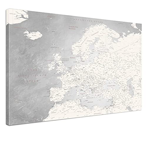 LANA KK - Europakarte Leinwandbild mit Korkrückwand zum pinnen der Reiseziele – Europakarte Champagner - deutsch - Kunstdruck-Pinnwand Globus, Premium - 2cm, in 100 x 70 cm von LANA KK