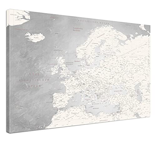 LANA KK - Europakarte Leinwandbild mit Korkrückwand zum pinnen der Reiseziele – Europakarte Champagner - deutsch - Kunstdruck-Pinnwand Globus, Premium - 2cm, in 80 x 60 cm von LANA KK