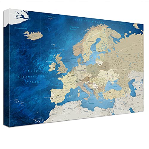 LANA KK - Europakarte Leinwandbild mit Korkrückwand zum pinnen der Reiseziele – Europakarte Meerestiefe - deutsch - Kunstdruck-Pinnwand Globus, Luxus - 4cm, in 100 x 70 cm von LANA KK