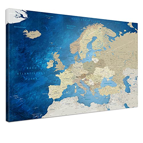 LANA KK - Europakarte Leinwandbild mit Korkrückwand zum pinnen der Reiseziele – Europakarte Meerestiefe - deutsch - Kunstdruck-Pinnwand Globus, Premium - 2cm, in 100 x 70 cm von LANA KK