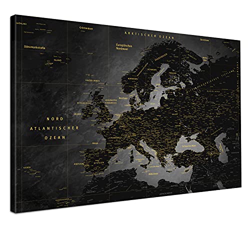 LANA KK - Europakarte Leinwandbild mit Korkrückwand zum pinnen der Reiseziele – Europakarte Noir - deutsch - Kunstdruck-Pinnwand Globus, Premium - 2cm, in 100 x 70 cm von LANA KK