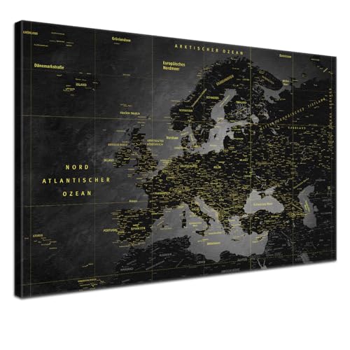 LANA KK - Europakarte Leinwandbild mit Korkrückwand zum pinnen der Reiseziele – Europakarte Noir - deutsch - Kunstdruck-Pinnwand Globus, Premium - 2cm, in 120 x 80 cm von LANA KK