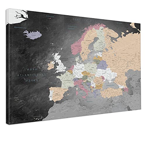 LANA KK - Europakarte Leinwandbild mit Korkrückwand zum pinnen der Reiseziele – Europakarte Schiefergrau - deutsch - Kunstdruck-Pinnwand Globus, Premium - 2cm, in 100 x 70 cm von LANA KK