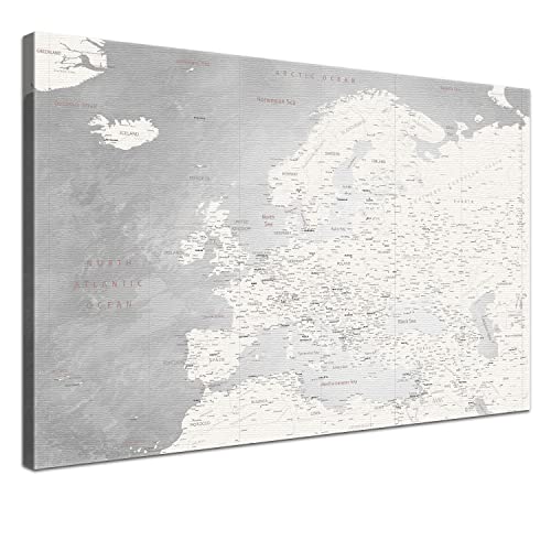 LANA KK - Europakarte Leinwandbild mit Korkrückwand zum pinnen der Reiseziele – englisch - Europa Champagner - Kunstdruck Pinnwand Globus, Premium Qualität, 100 x 70 cm von LANA KK