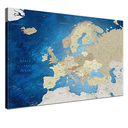 LANA KK - Europakarte Leinwandbild mit Korkrückwand zum pinnen der Reiseziele – englisch - Europa Meerestiefe - Kunstdruck Pinnwand Globus, Premium Qualität, 100 x 70 cm von LANA KK