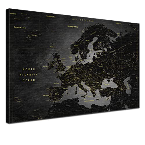 LANA KK - Europakarte Leinwandbild mit Korkrückwand zum pinnen der Reiseziele – englisch - Europa Noir - Kunstdruck Pinnwand Globus, Premium Qualität, 120 x 80 cm von LANA KK