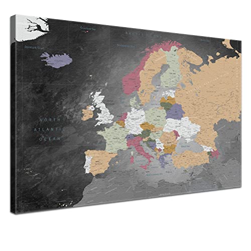 LANA KK - Europakarte Leinwandbild mit Korkrückwand zum pinnen der Reiseziele – englisch - Europa Schiefer Grau - Kunstdruck Pinnwand Globus, Premium Qualität, 80 x 60 cm von LANA KK