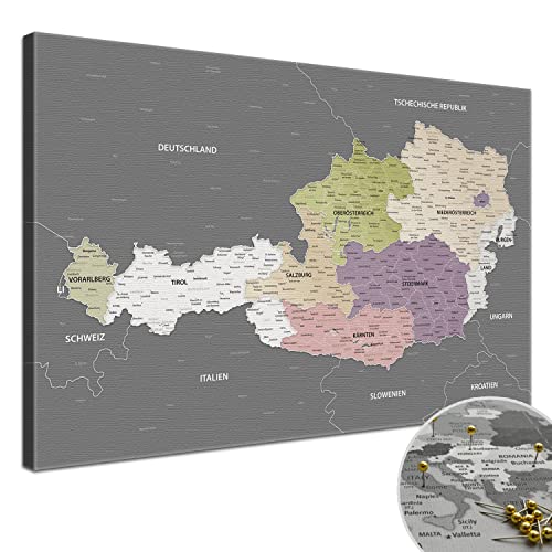 LANA KK - Landkarte Leinwandbild mit Korkrückwand zum pinnen der Reiseziele – „Österreich-Karte Graphit-Grau” - deutsch - Kunstdruck Pinnwand Karte in Graphit-Grau, in 80x60cm von LANA KK