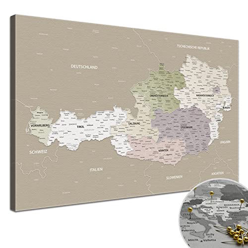 LANA KK - Landkarte Leinwandbild mit Korkrückwand zum pinnen der Reiseziele – „Österreich-Karte Grau-Sand” - deutsch - Kunstdruck Pinnwand Karte in Grau-Sand, in 100x70cm von LANA KK