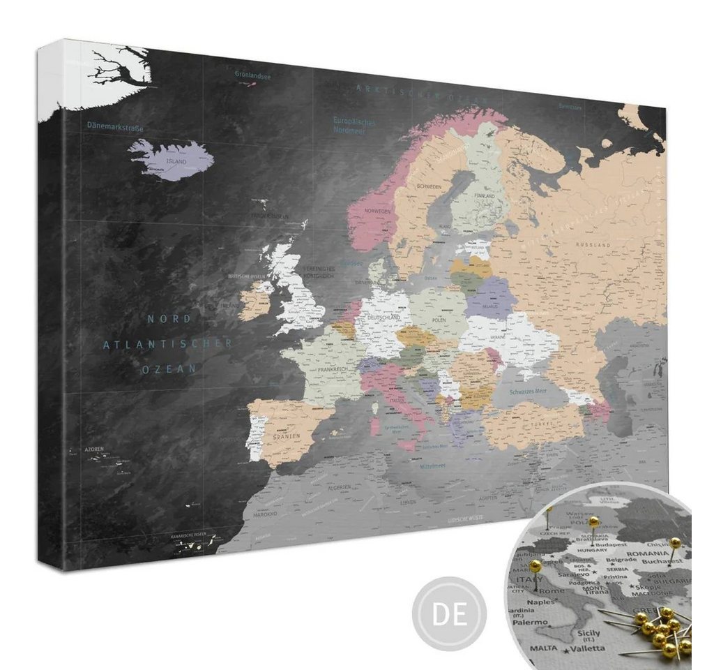 LANA KK Leinwandbild Europakarte Pinnwand zum markieren von Reisezielen, deutsche Beschriftung von LANA KK