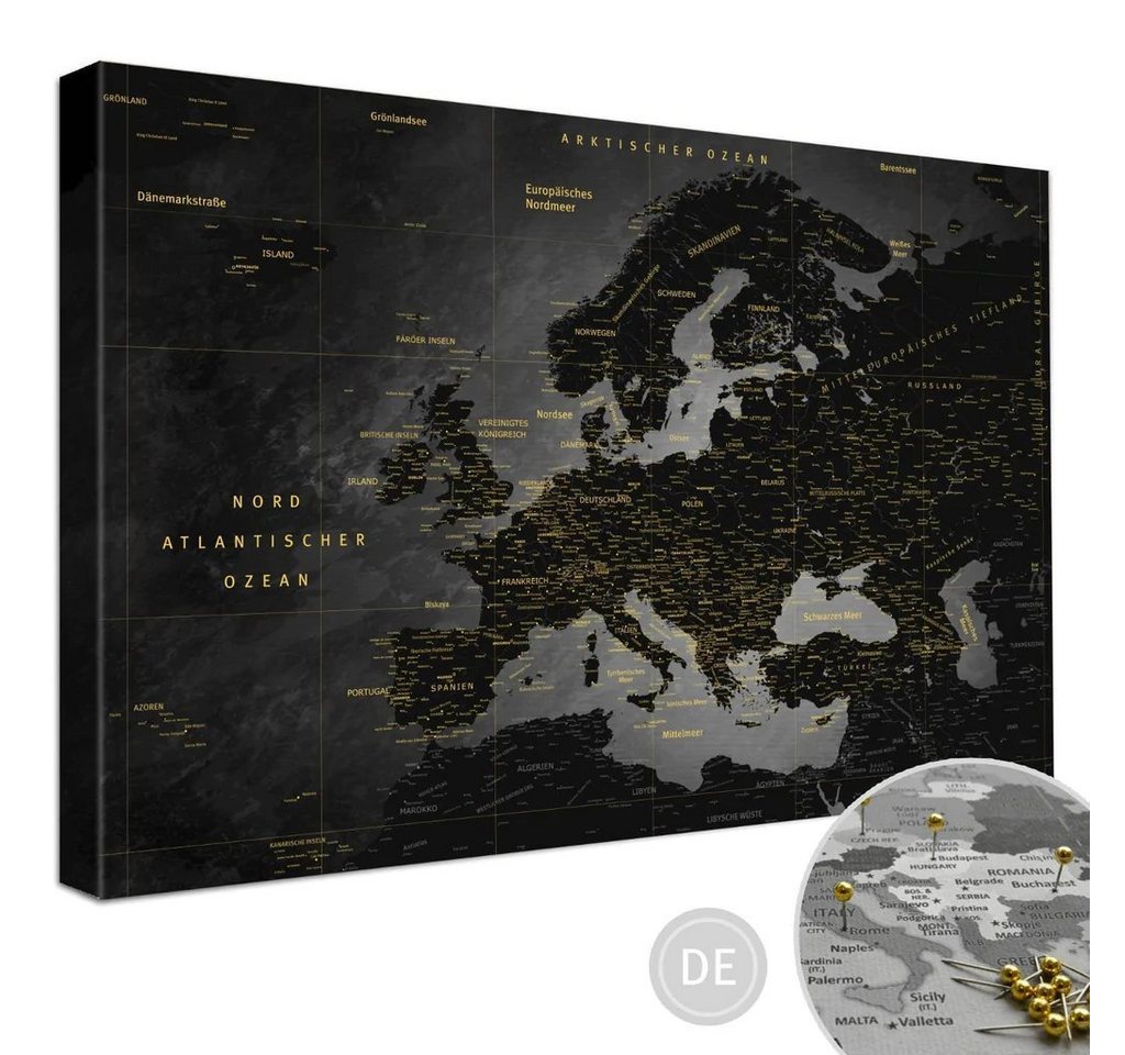 LANA KK Leinwandbild Europakarte Pinnwand zum markieren von Reisezielen, deutsche Beschriftung von LANA KK