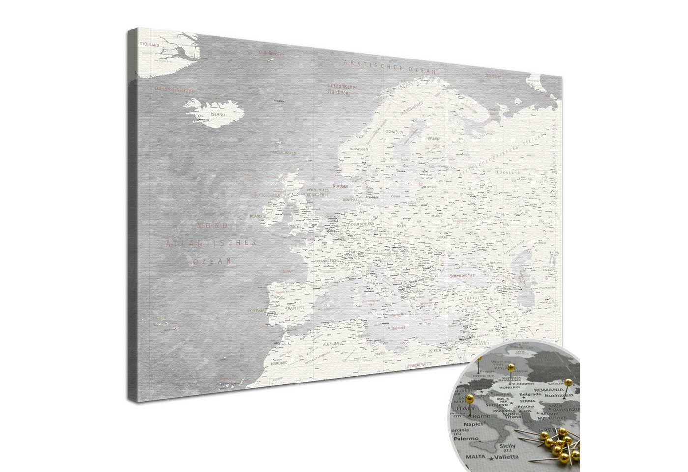 LANA KK Leinwandbild Europakarte Pinnwand zum markieren von Reisezielen, deutsche Beschriftung von LANA KK
