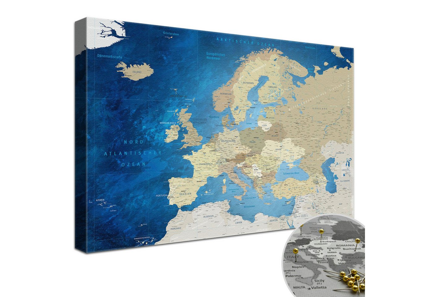 LANA KK Leinwandbild Europakarte Pinnwand zum markieren von Reisezielen, deutsche Beschriftung von LANA KK