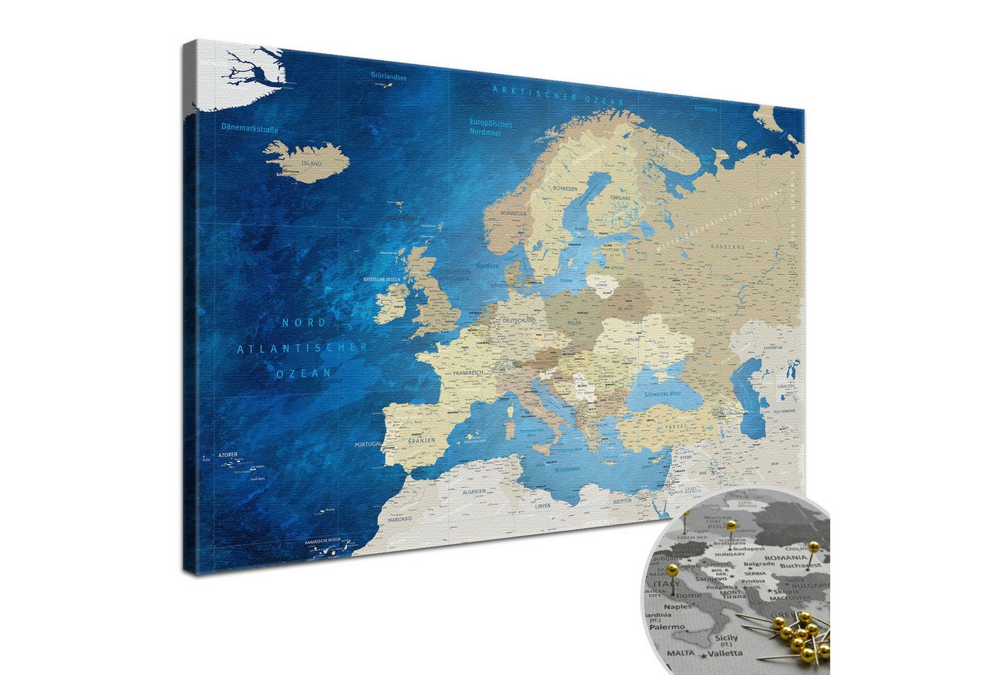 LANA KK Leinwandbild Europakarte Pinnwand zum markieren von Reisezielen, deutsche Beschriftung von LANA KK
