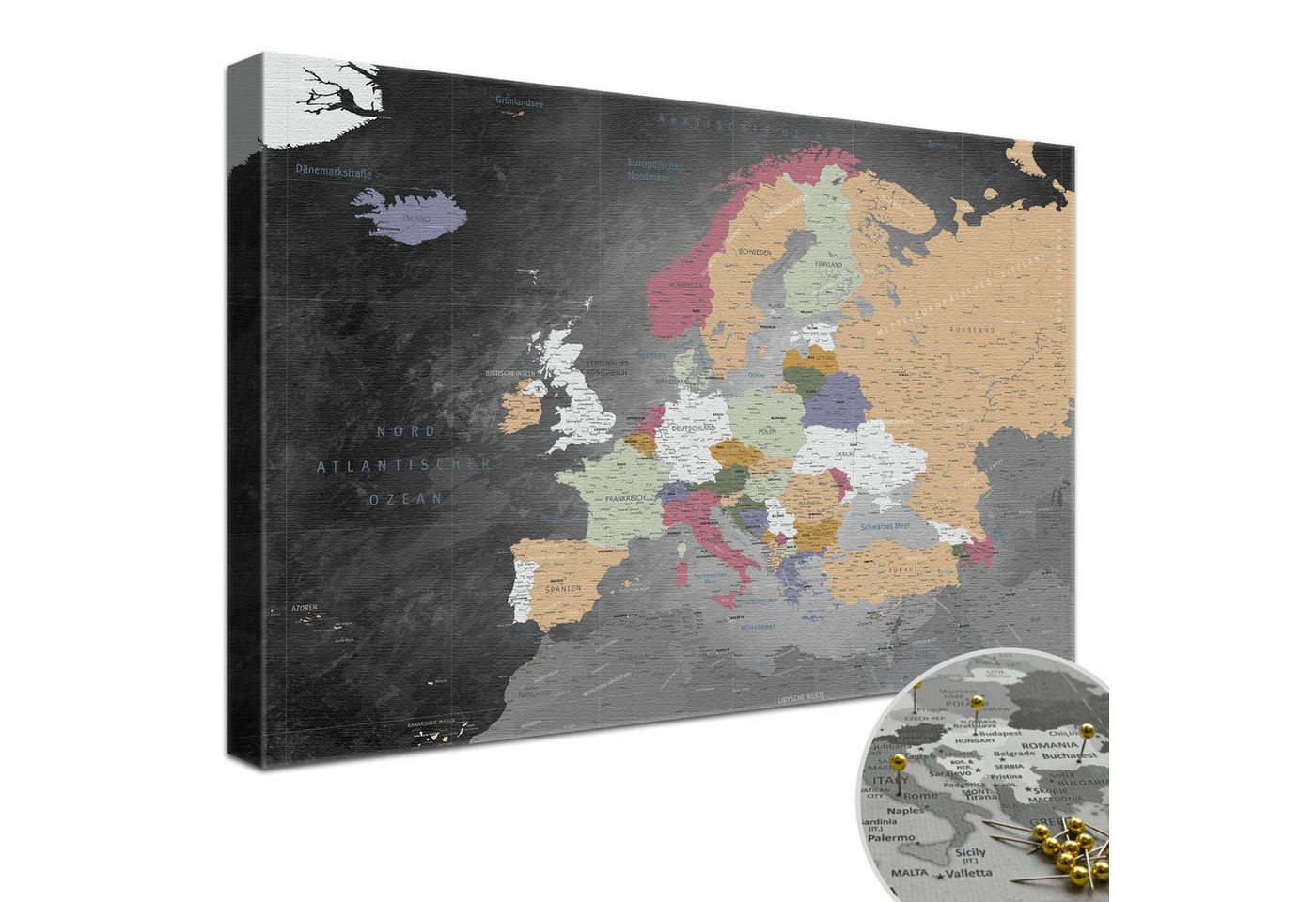 LANA KK Leinwandbild Europakarte Pinnwand zum markieren von Reisezielen, deutsche Beschriftung von LANA KK