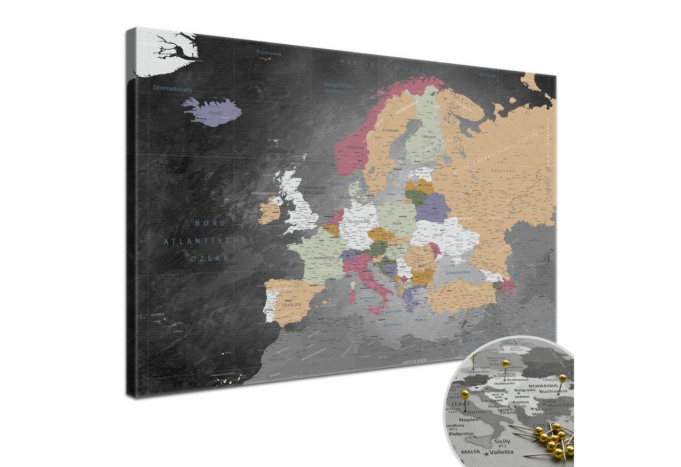 LANA KK Leinwandbild Europakarte Pinnwand zum markieren von Reisezielen, deutsche Beschriftung von LANA KK