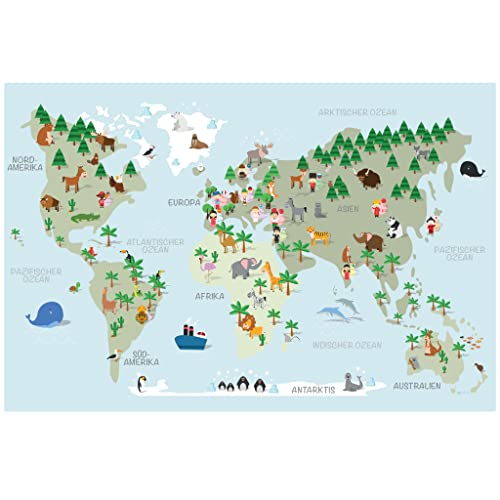 LANA KK Leinwandbild - Kinderweltkarte - Tiere, Sprachen Hellblau - für Kunder, Globus, Erde, Tiere, Sprachen, in fröhlichen Farben 100 x 70 cm LANA KK Leinwandbild - Kinderweltkarte - Tiere, Sprachen Hellblau - für Kunder, Globus, Erde, Tiere, Sprachen, in fröhlichen Farben 100 x 70 cm von LANA KK