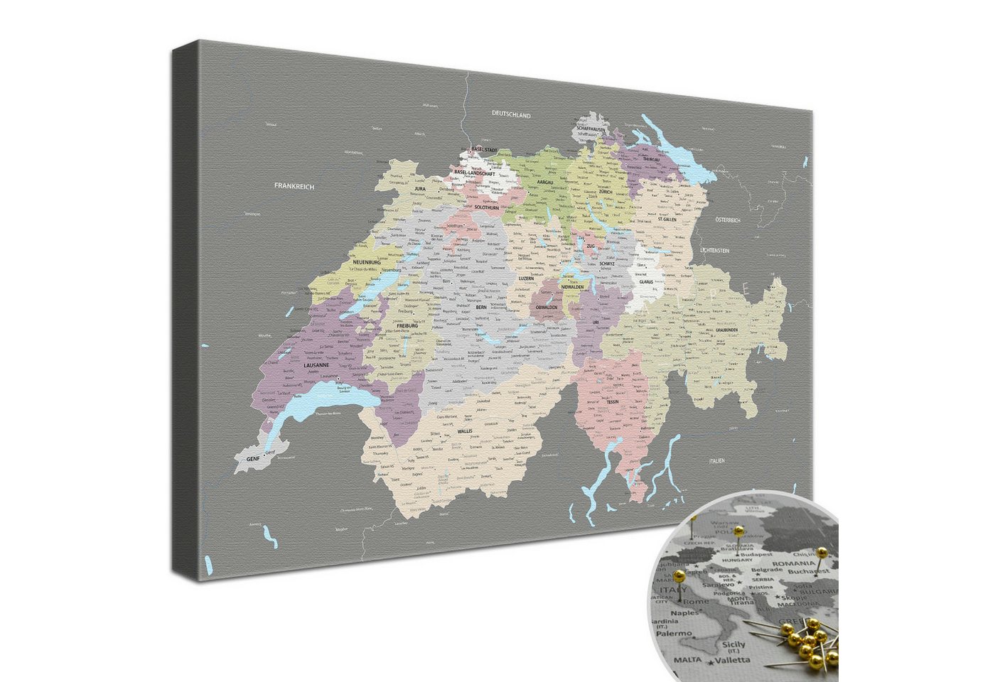 LANA KK Leinwandbild Schweizkarte, deutsche Beschriftung von LANA KK
