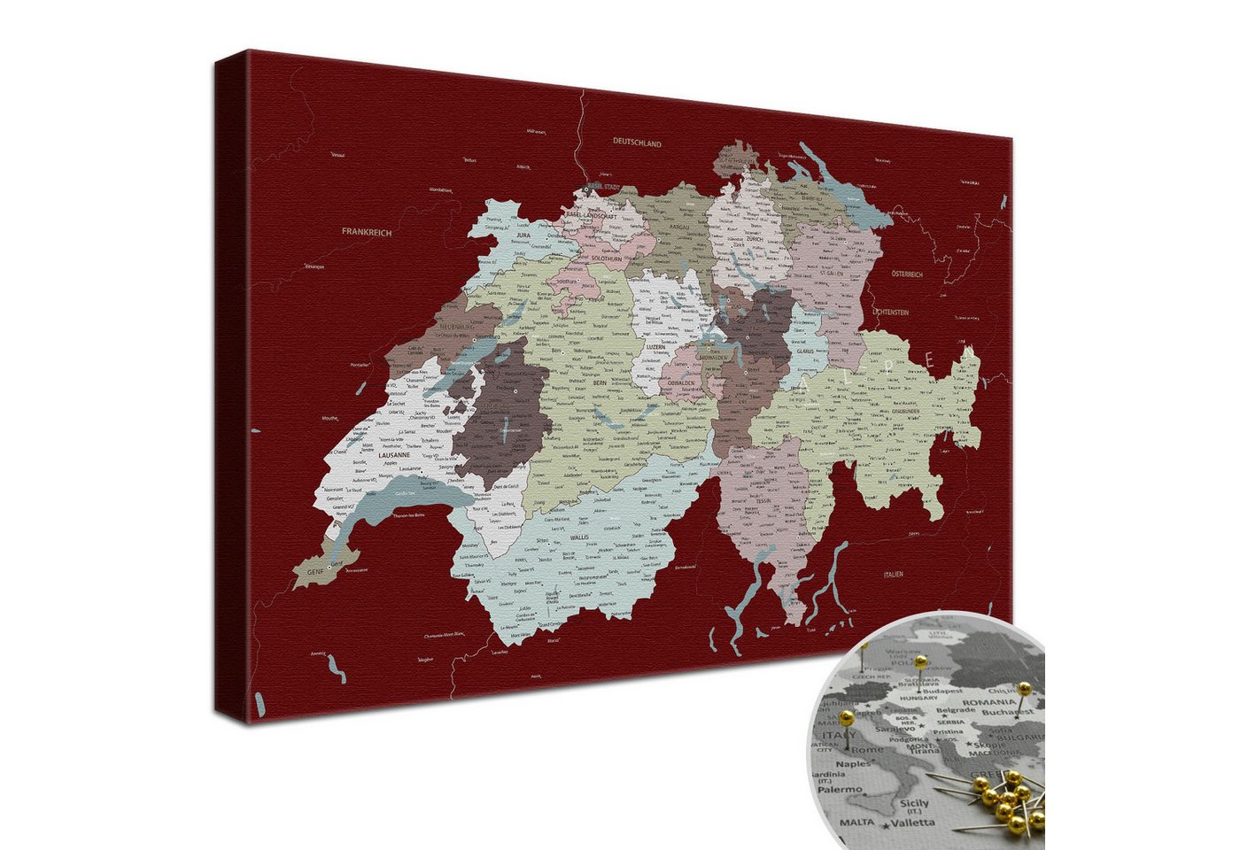 LANA KK Leinwandbild Schweizkarte, deutsche Beschriftung von LANA KK