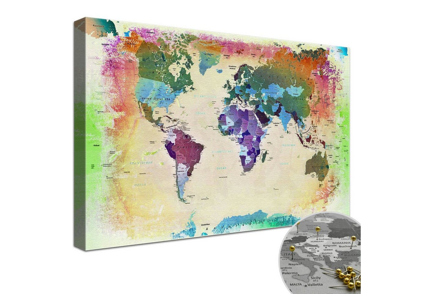 LANA KK Leinwandbild Weltkarte Pinnwand zum markieren von Reisezielen, deutsche Beschriftung von LANA KK