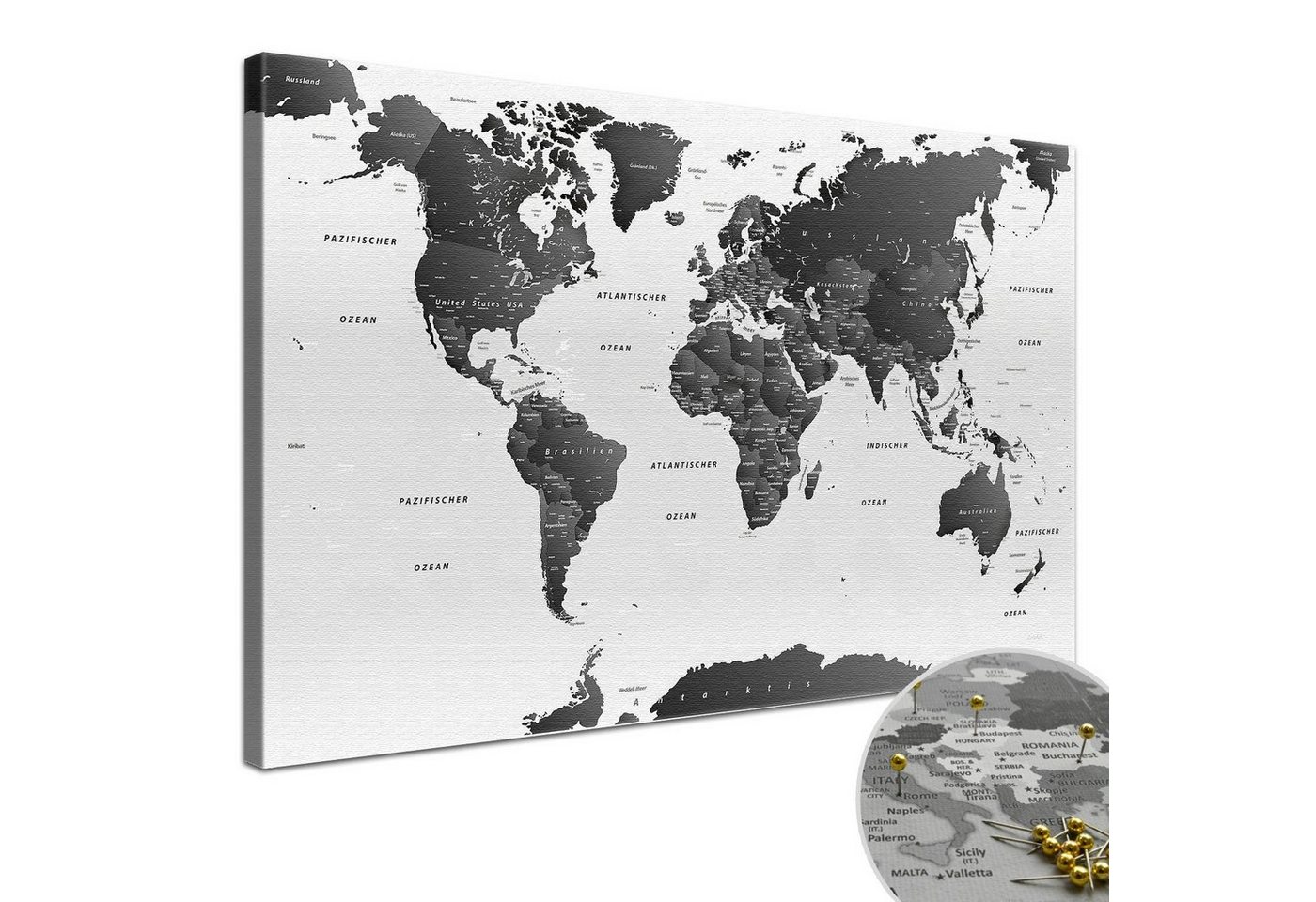 LANA KK Leinwandbild Weltkarte Pinnwand zum markieren von Reisezielen, deutsche Beschriftung von LANA KK