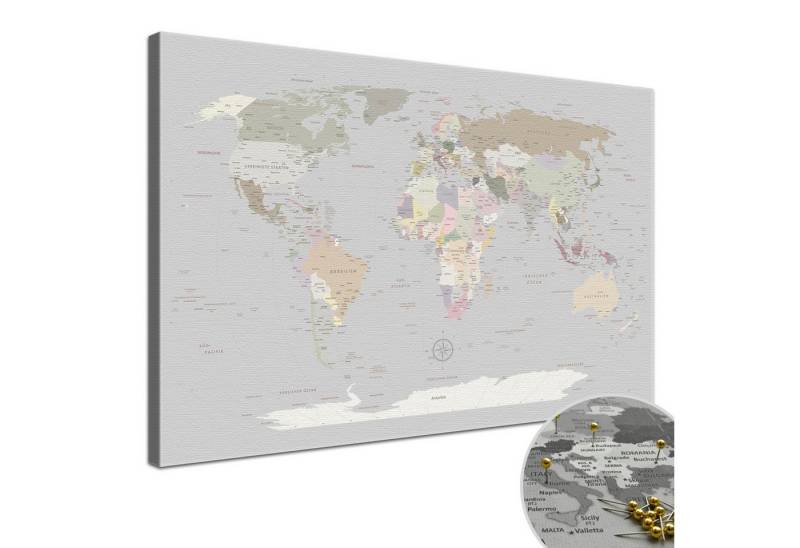 LANA KK Leinwandbild Weltkarte Pinnwand zum markieren von Reisezielen, deutsche Beschriftung LANA KK Leinwandbild Weltkarte Pinnwand zum markieren von Reisezielen, deutsche Beschriftung von LANA KK