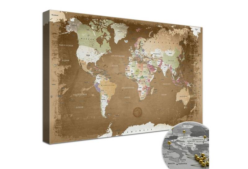 LANA KK Leinwandbild Weltkarte Pinnwand zum markieren von Reisezielen, deutsche Beschriftung LANA KK Leinwandbild Weltkarte Pinnwand zum markieren von Reisezielen, deutsche Beschriftung von LANA KK
