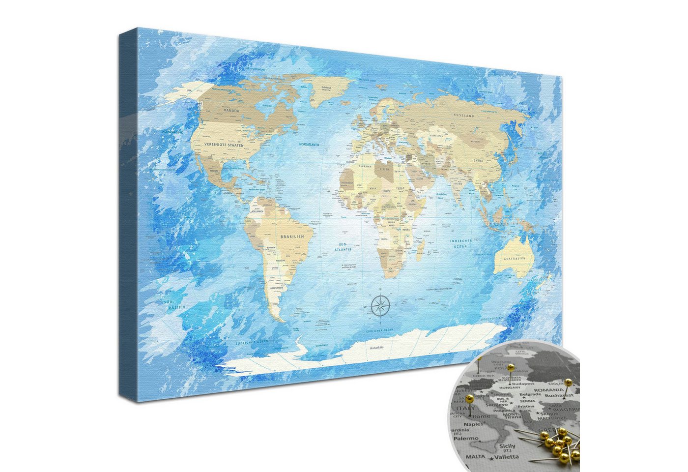 LANA KK Leinwandbild Weltkarte Pinnwand zum markieren von Reisezielen, deutsche Beschriftung von LANA KK