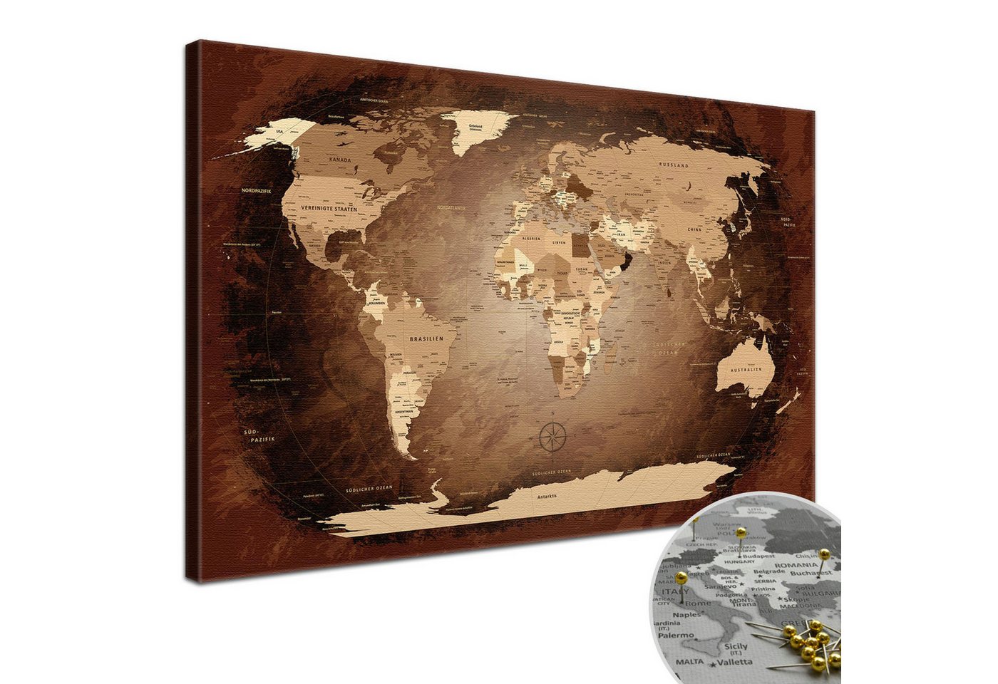 LANA KK Leinwandbild Weltkarte Pinnwand zum markieren von Reisezielen, deutsche Beschriftung von LANA KK