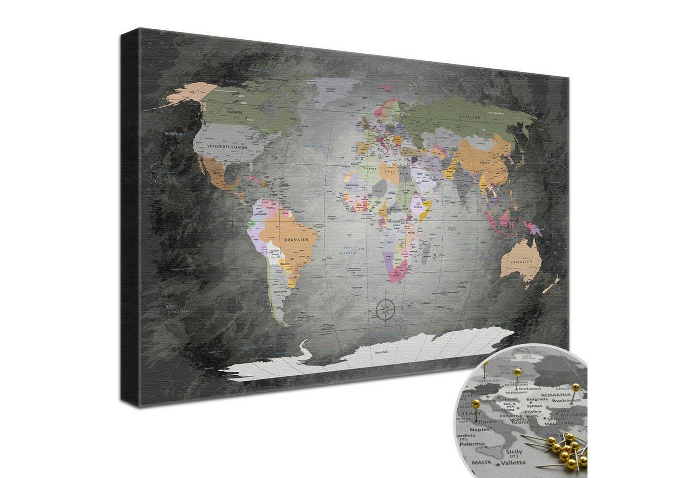 LANA KK Leinwandbild Weltkarte Pinnwand zum markieren von Reisezielen, deutsche Beschriftung von LANA KK