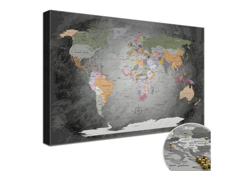 LANA KK Leinwandbild Weltkarte Pinnwand zum markieren von Reisezielen, deutsche Beschriftung LANA KK Leinwandbild Weltkarte Pinnwand zum markieren von Reisezielen, deutsche Beschriftung von LANA KK