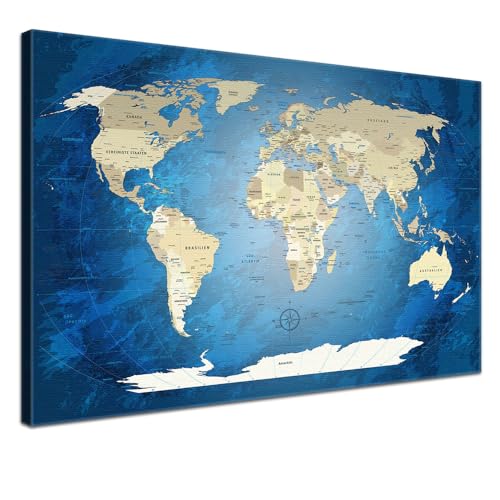 Stilvolle Pinnwand Weltkarte - Blue Ocean - Deutsch in 100 x 70 cm, stabile Rückwand zum Pinnen inkl. Starterkit - Leinwand-Kunstdruck Wandbild Landkarte XXL von LANA KK