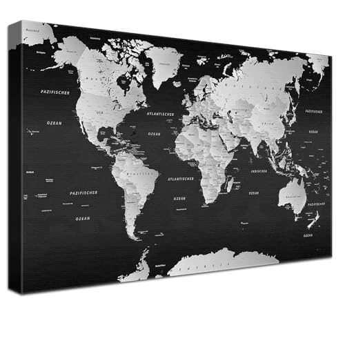 LANA KK – Luxus Ausführung – Weltkarte Leinwandbild mit Korkrückwand zum pinnen der Reiseziele – „Weltkarte SW” - deutsch - Kunstdruck-Pinnwand auf 4 cm Rahmen in schwarz, in 120x80cm von LANA KK