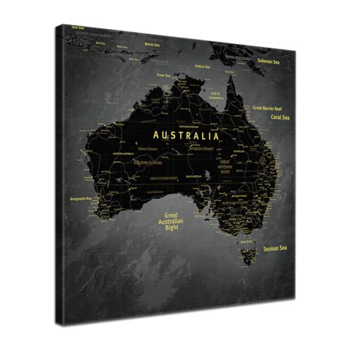 LANA KK - Premium Pinnwand Australienkarte - Noir - Englisch - in 70 x 70 cm, stabile Rückwand zum Pinnen inkl. Starterkit - Leinwand-Kunstdruck Wandbild Landkarte XXL von LANA KK