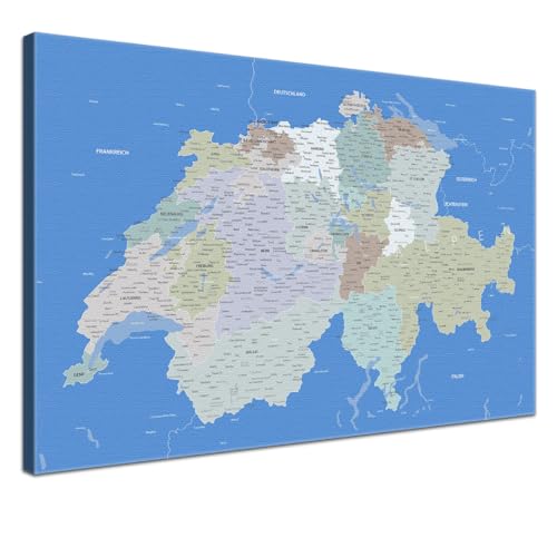 LANA KK - Premium Pinnwand Schweizkarte - Hellblau - Deutsch - in 80 x 60 cm, stabile Rückwand zum Pinnen inkl. Starterkit - Leinwand-Kunstdruck Wandbild Landkarte XXL von LANA KK