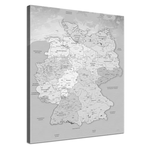 LANA KK Stilvolle Pinnwand Deutschlandkarte - Hellgrau - Deutsch in 70 x 100 cm, stabile Rückwand zum Pinnen inkl. Starterkit - Leinwand-Kunstdruck Wandbild Landkarte XXL von LANA KK