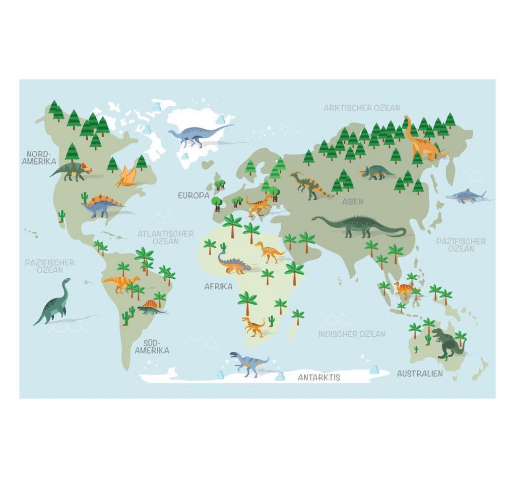 LANA KK Wandbild Weltkarte für Kinder, Dinosaurier, fröhliche Farben mit liebevollen Details von LANA KK