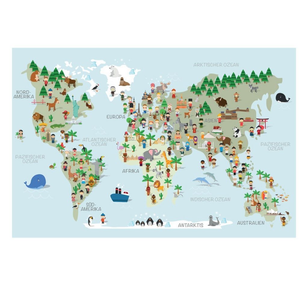 LANA KK Wandbild Weltkarte für Kinder, Tiere, Menschen & Sehenswürdigkeiten, fröhliche Farben mit liebevollen Details von LANA KK