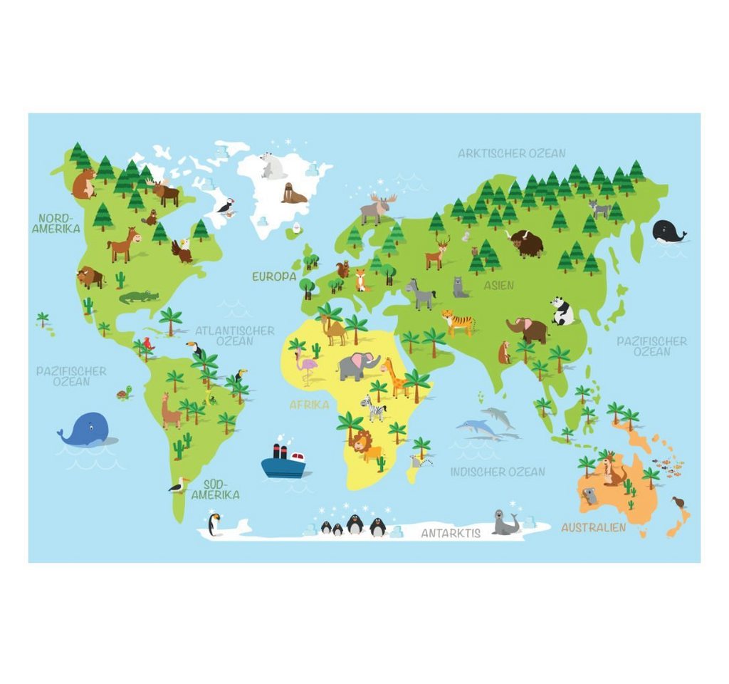 LANA KK Wandbild Weltkarte für Kinder, Tiere, fröhliche Farben mit liebevollen Details von LANA KK