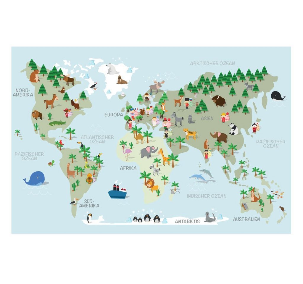 LANA KK Wandbild Weltkarte für Kinder, Tiere, fröhliche Farben mit liebevollen Details von LANA KK