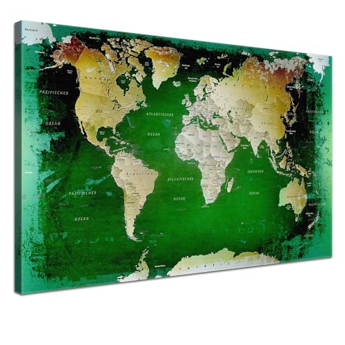 Stilvolle Pinnwand Weltkarte - Grün - Deutsch in 100 x 70 cm, stabile Rückwand zum Pinnen inkl. Starterkit - Leinwand-Kunstdruck Wandbild Landkarte XXL von LANA KK