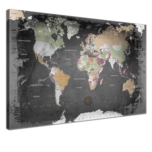 LANA KK - Weltkarte Leinwandbild mit Korkrückwand zum pinnen der Reiseziele – „Weltkarte Graphit” - deutsch - Kunstdruck-Pinnwand Globus in schwarz, in 100x70cm von LANA KK